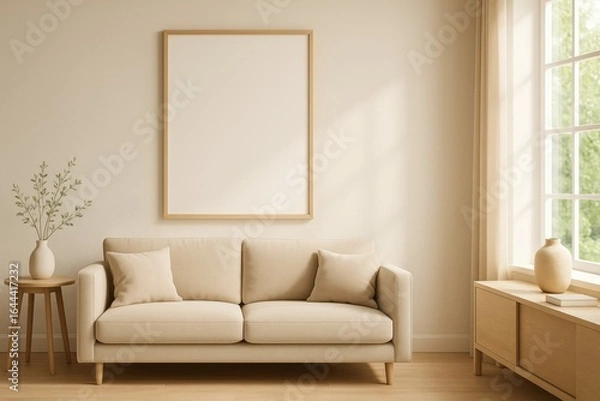 Fototapeta Sunlight is illuminating a modern and minimalist living room with an empty frame mockup hanging above a beige sofa, creating a cozy and stylish atmosphere
