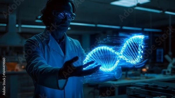Obraz Scientist holds a glowing dna model in a laboratory.
