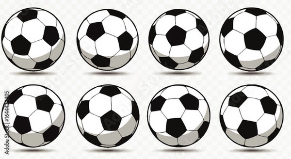Fototapeta Set of eight classic black and white soccer balls with cartoon shading and shadows.