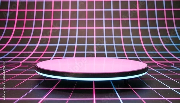 Fototapeta Neon pink podium with electric blue trim floating in a virtual grid room setting