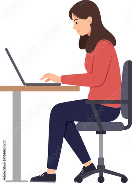 Fototapeta Woman working on laptop sitting on office chair at desk focused on computer screen vector illustration