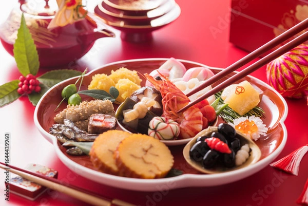 Obraz 【おせち料理】新年をお祝いするお正月。食材ひとつひとつに健康や繁栄の願いが込められたおせち料理です。
