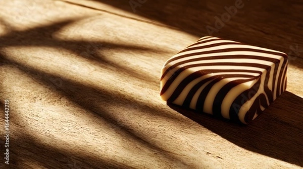 Fototapeta Square zebra-striped confectionary on a wooden surface.