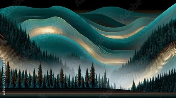 Fototapeta A stylized, misty mountain landscape with a dense forest.