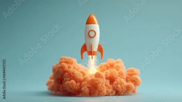 Fototapeta Orange rocket launching from a cloud of peach-colored smoke.