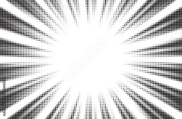 Fototapeta Halftone sun rays pattern. Abstract halftone vector dots overlay background. Monochrome dots pattern. Vector background in comic book style with sunburst rays and halftone. Retro pop art design.