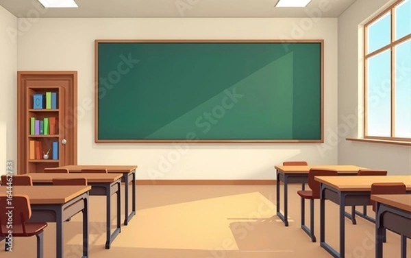 Obraz Cartoon classroom interior with view on blackboard, school desks with chairs, bookcase, door and window. Flat Vector Illustration. High quality