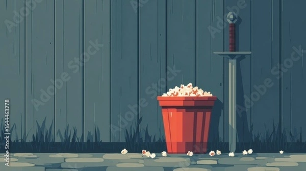 Fototapeta Red Bucket of Popcorn Next to a Sword Against a Wooden Wall