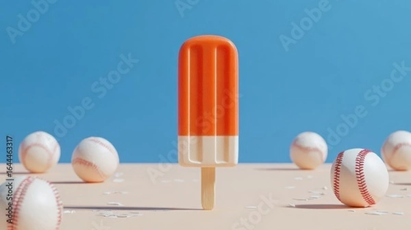 Fototapeta Bright Orange Popsicle with Baseballs on Light Background