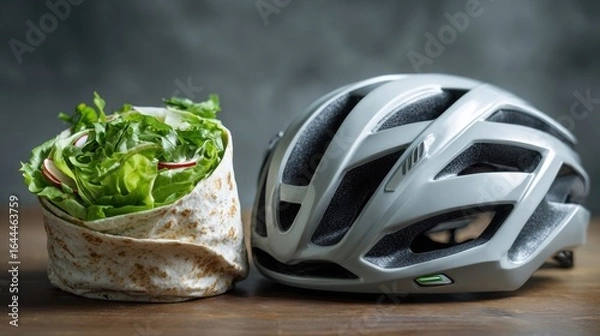 Fototapeta Fresh Salad Wrap Next to a Stylish Bicycle Helmet on a Wooden Table