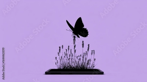 Fototapeta Butterfly Rising from Smartphone with Lavender Background