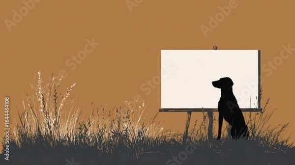 Fototapeta Silhouette of Dog Watching Blank Canvas in Serene Landscape Setting