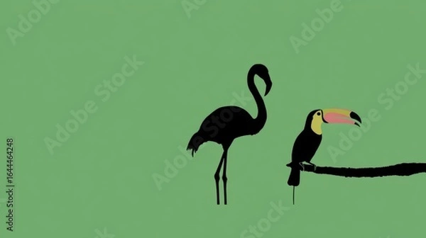 Fototapeta Silhouetted Flamingo and Toucan on Vibrant Green Background