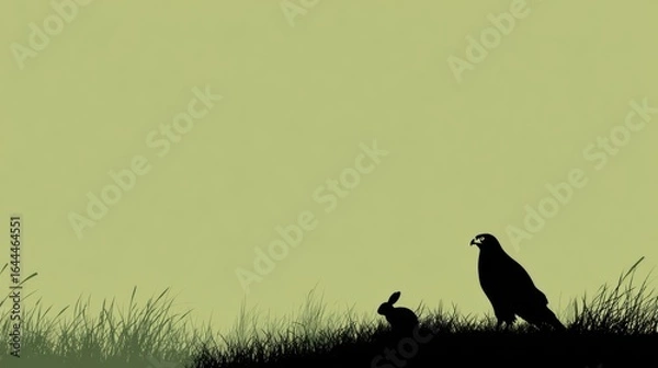 Fototapeta Hawk and Rabbit Silhouette on Grass Against a Soft Green Background