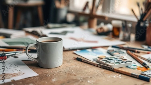 Obraz Coffee mug on messy artist's workspace
