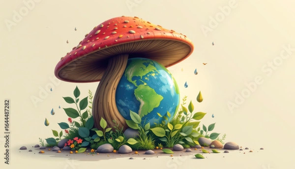 Obraz A vibrant mushroom nurturing the Earth amidst lush green plants, symbolizing nature's resilience and harmony.