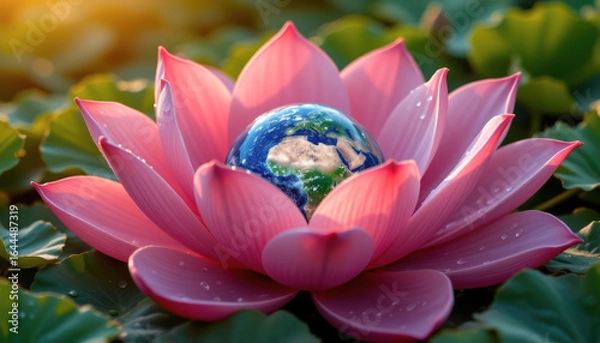 Obraz A vibrant pink lotus flower embraces the Earth, symbolizing harmony and beauty in nature.