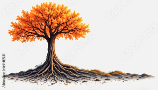 Obraz A vibrant tree with striking orange leaves and intricate roots, symbolizing strength and change in nature.