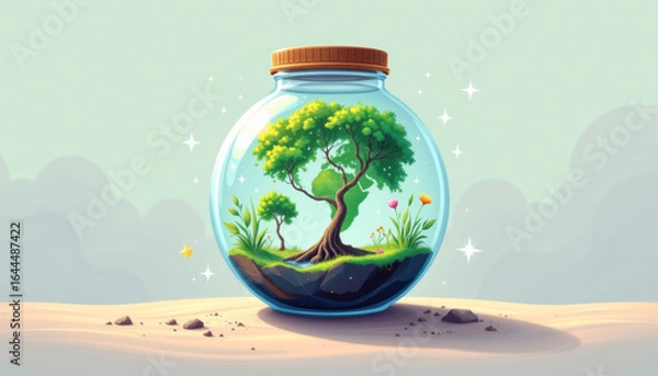 Obraz A whimsical glass jar filled with a miniature vibrant ecosystem featuring a lush tree and delicate plants.