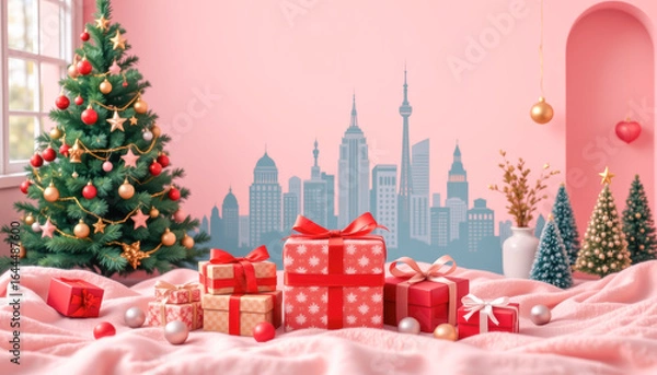 Obraz Festive holiday setting with a decorated Christmas tree, colorful gifts, and a pink backdrop. Perfect for seasonal themes.