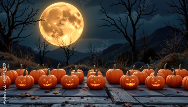 Obraz Spooky night scene with glowing jack-o'-lanterns under a full moon surrounded by barren trees and mountains.