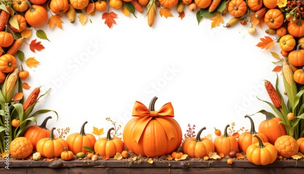 Obraz Vibrant autumn scene with an array of pumpkins and colorful leaves, perfect for fall-themed designs.