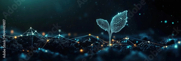 Fototapeta Futuristic digital plant sprout emerges from network of glowing lines, symbolizing growth and connectivity in a dark