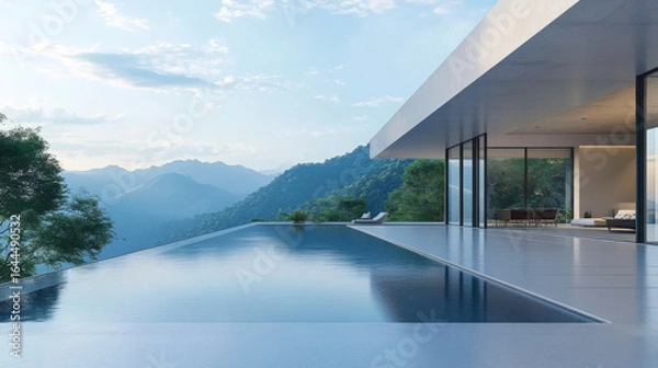 Fototapeta Perspective of modern building with terrace and swimming pool on mountain view background