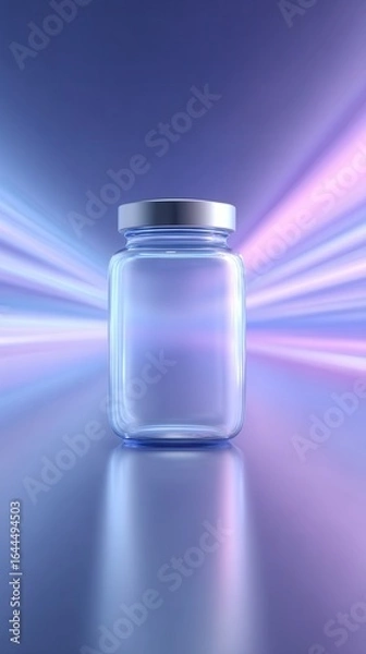 Fototapeta Ethereal Glass Jar with metallic Lid: a photorealistic glass jar with a metallic lid, resting on a reflective surface, surrounded by an radiant beam. bathed in a surreal ambiance and light.