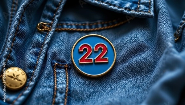 Fototapeta enamel pin mockup on denim jacket, flat lay