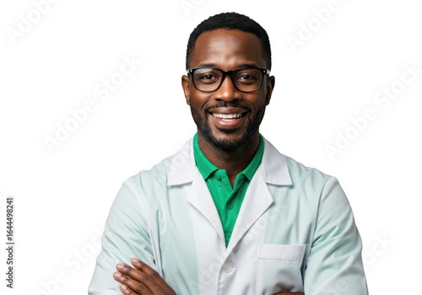 Fototapeta Smiling man with glasses wearing a lab coat isolated on transparent background