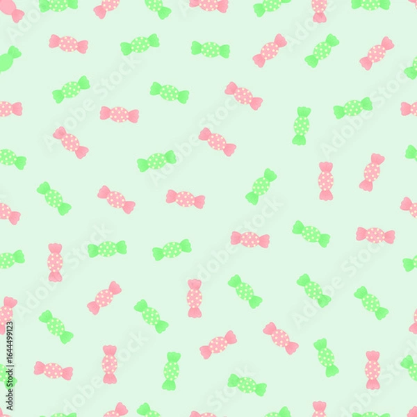 Fototapeta Seamless Pastel Candy Pattern with Pink and Green Wrapped Sweets. Pastel candy seamless pattern with pink and green sweets, perfect for cute design projects.