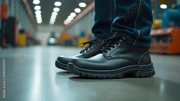 Fototapeta Close-up of black safety shoes worn by factory workers. Low angle shot. Blurred background of machinery in factory.