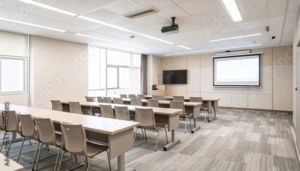Fototapeta デジタルプロジェクターとスマートボードを備え、柔らかいニュートラルトーンで統一されたモダンな教室の内部です。
椅子は整然と並べられ、清潔感と落ち着きを感じさせます。