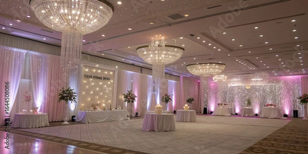 Obraz A luxurious diamond-themed bedroom for a girl, sparkling crystal chandeliers, pink velvet walls, diamond-studded cushions, golden light bokeh in the background, ultra-realistic 8K render.
