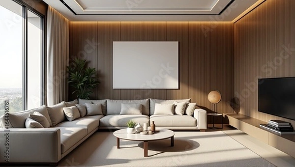Fototapeta Modern living room interior design with a wooden wall.