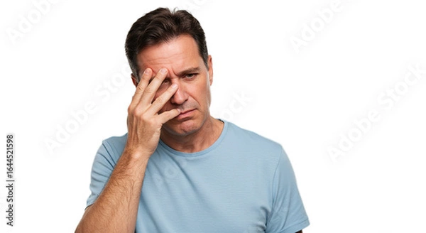 Fototapeta A man wearing a blue shirt with his hand on his face looking concerned and slightly downward gaze