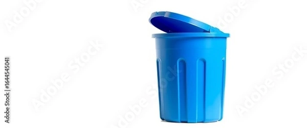 Fototapeta A bright blue plastic trash receptacle against a stark white background,  studio shot,  garbage can