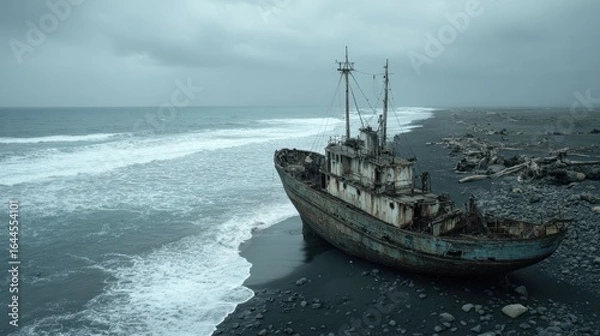 Fototapeta Rusty ship on a dark beach