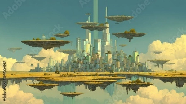 Fototapeta Floating city in a sky with clouds