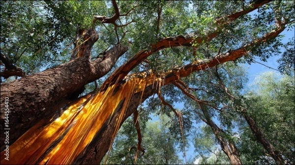 Fototapeta Lush canopy, golden tree trunk
