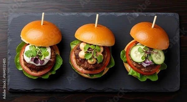 Obraz Delicious gourmet mini-burgers with fresh ingredients and toppings on a slate.