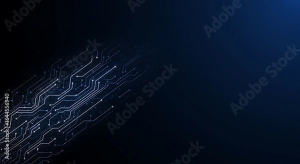Obraz High-tech digital illustration with glowing blue circuit lines on a dark background symbolizing data, connectivity, and futuristic technology.
