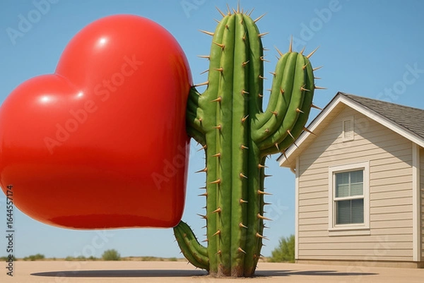 Fototapeta A large green cactus fused with an oversized red heart on one side. Behind it, a beige suburban house - Generative AI