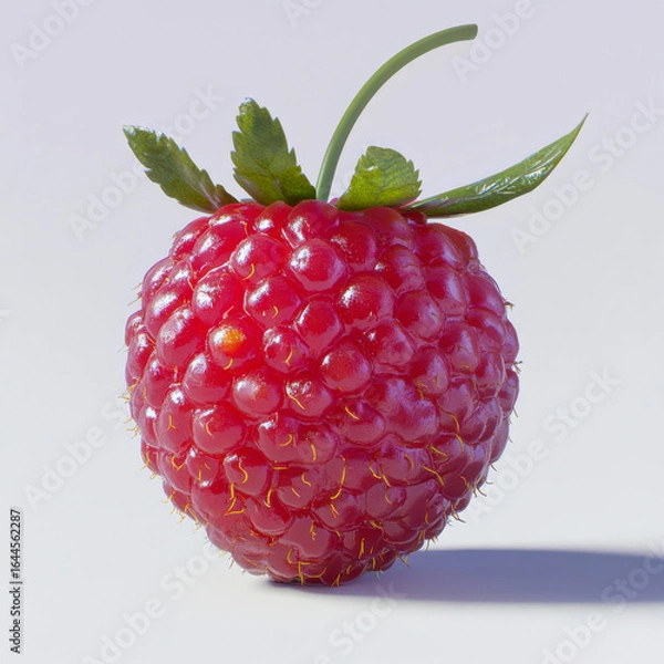 Fototapeta A single vibrant red raspberry with green stem and leaves
