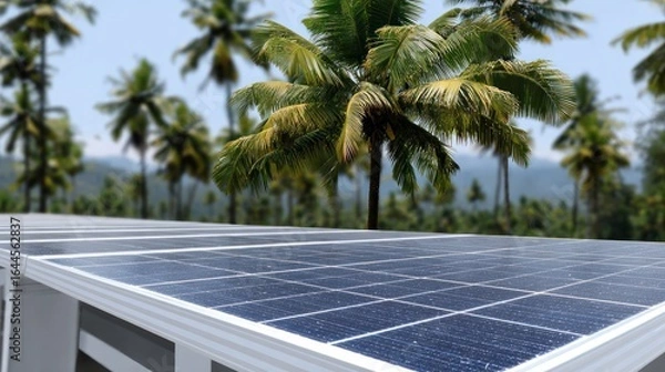 Fototapeta Solar panels installed on a rooftop with palm trees and a lush green landscape in the background
