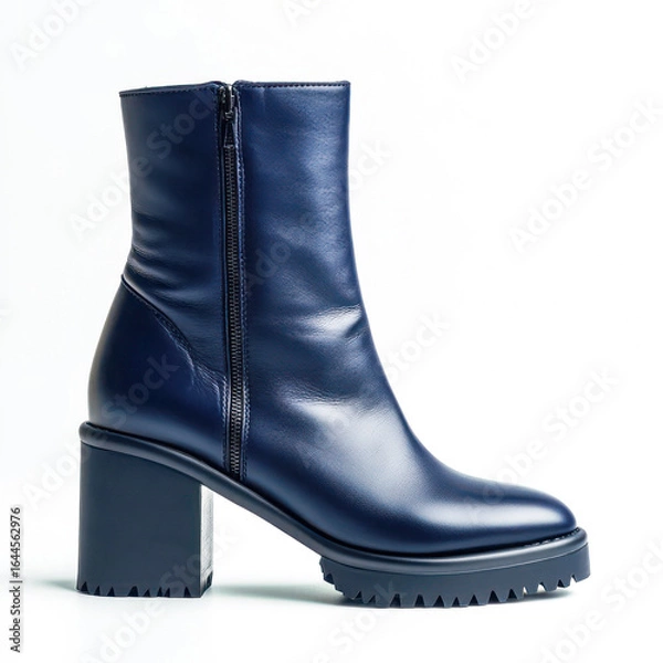 Fototapeta Stylish dark blue leather ankle boot with chunky block heel and zipper detail