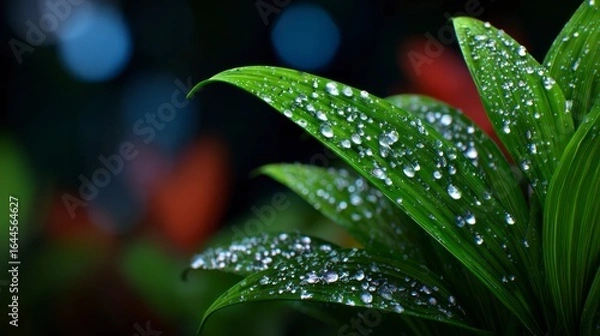 Fototapeta Green leaves covered with fresh water droplets after rain with blurred background