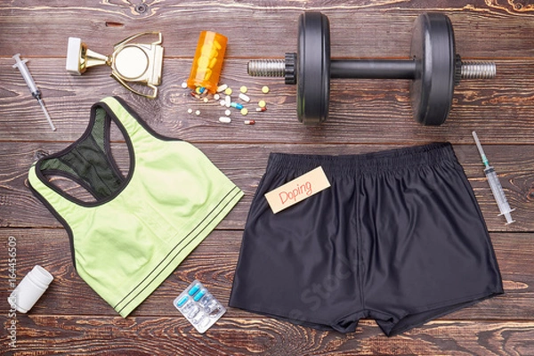 Fototapeta Sport achievements without narcotic pills. Be successful winner with your own energy and power. Healthy lifestyle without doping.