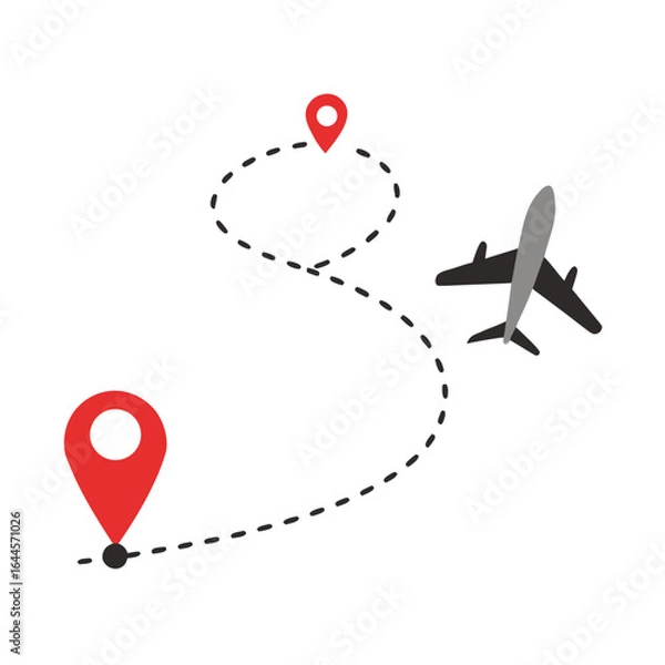 Obraz Airplane with curved dashed flight path vector illustration